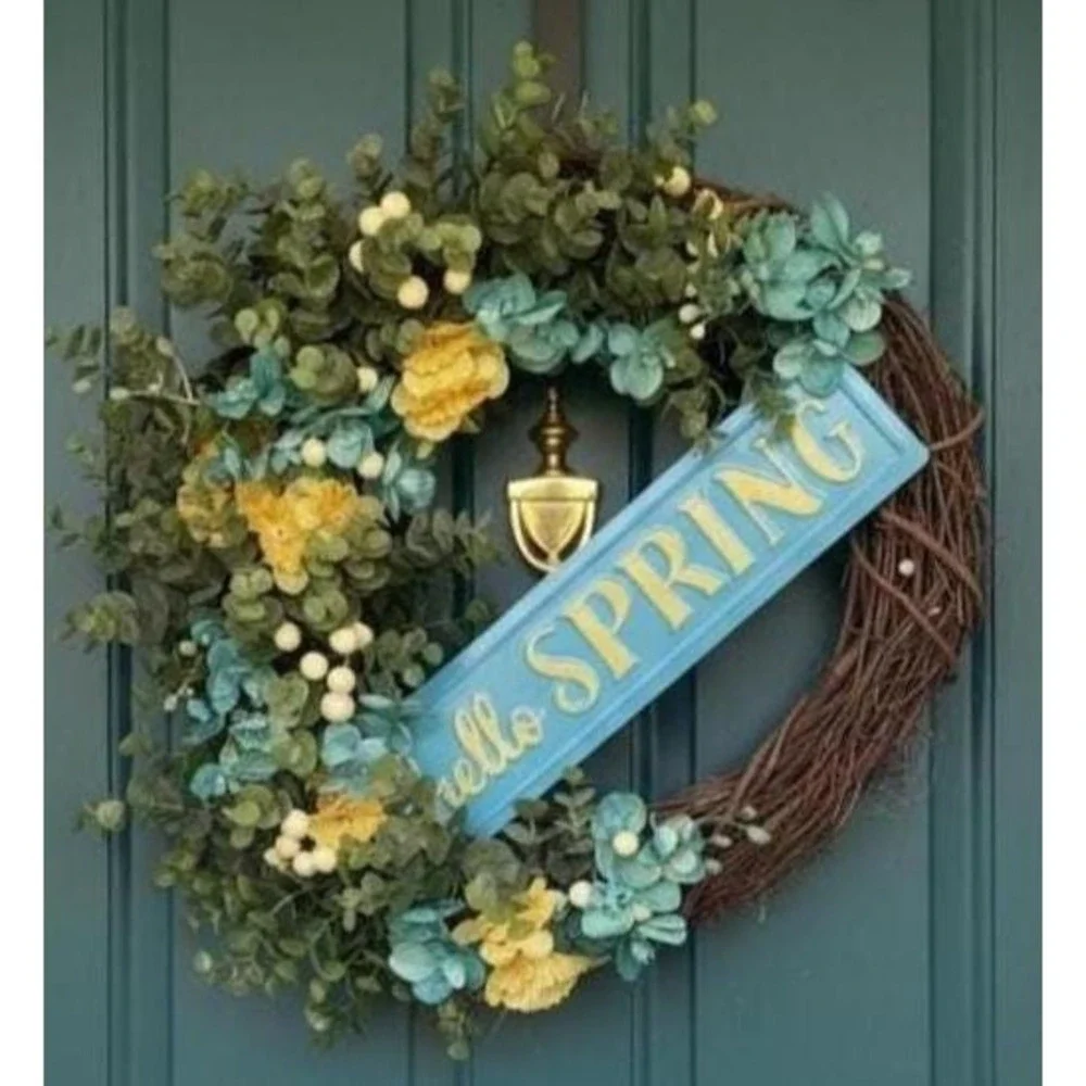 Colorful Spring Wreath; Faux Floral Door Accent; Turquoise and Yellow Wreath